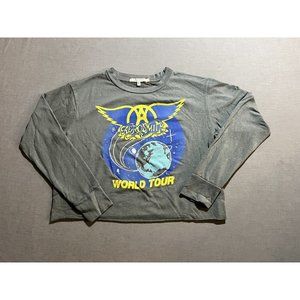 Aerosmith Junk World‎ Tour Food Shirt Womens Small Gray Cropped Long Sleeve.